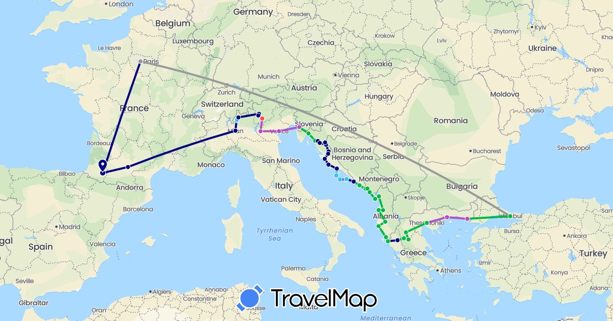 TravelMap itinerary: driving, bus, plane, train, hiking, boat in Albania, France, Greece, Croatia, Italy, Montenegro, Turkey (Asia, Europe)