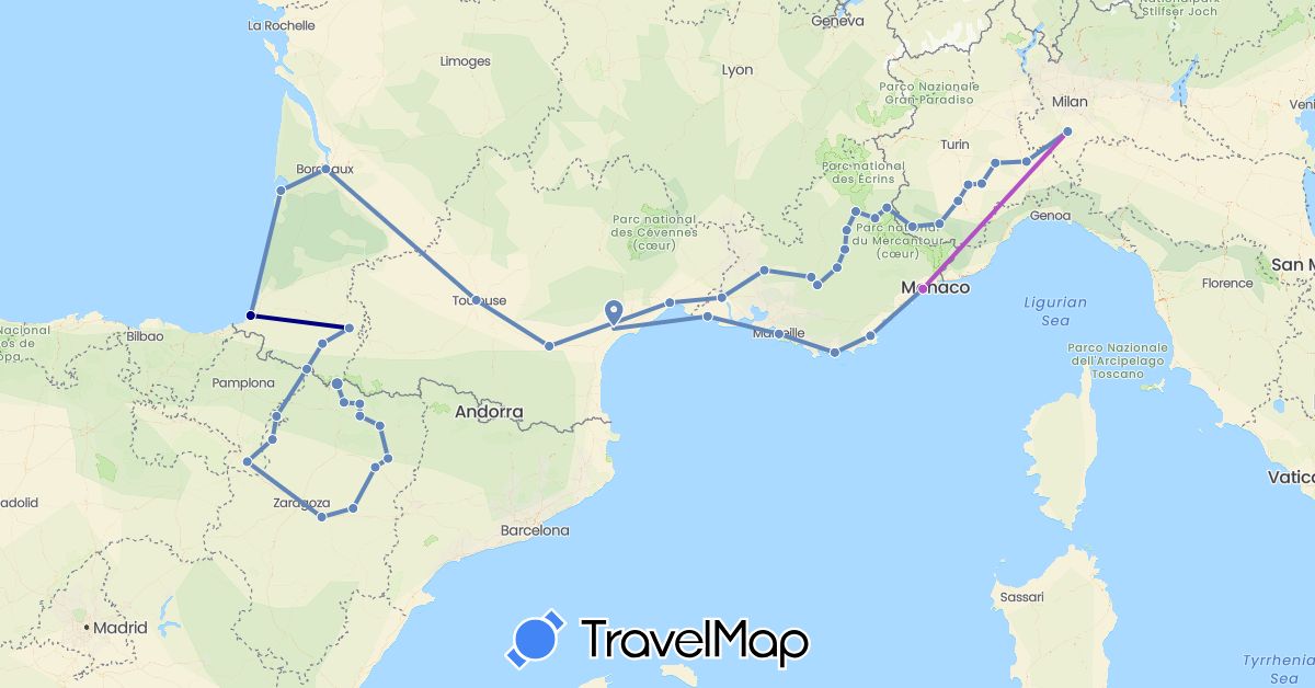 TravelMap itinerary: driving, cycling, train in Spain, France, Italy (Europe)
